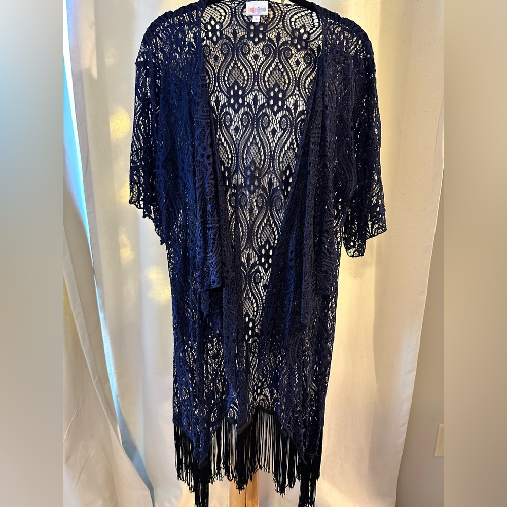 LuLaRoe Monroe Navy Blue Lace Kimono with Fringe